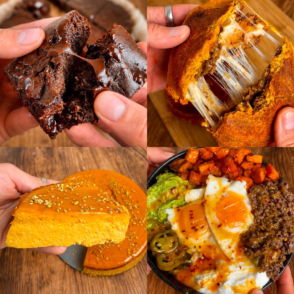 Collage of recipes from the Sweet Potato Cookbook — fudgy brownies, cheesy sweet potato hot pocket, sweet potato cheesecake and a loaded beef and egg bowl