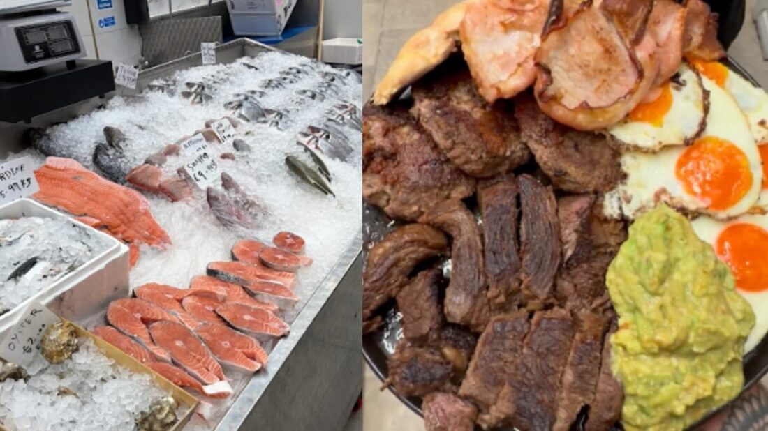 Shopping for quality ingredients — fresh fish at the market and a real-food spread of steak, eggs and guacamole